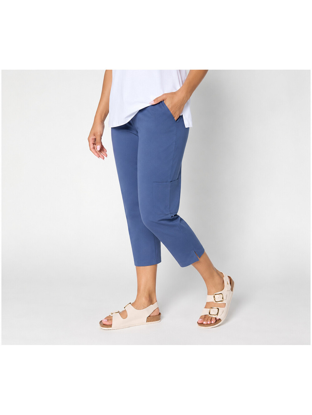 Denim & Co. EasyWear French Terry Cargo Pockets Crop Pants Indigo, Petite Large
